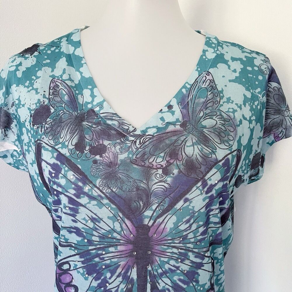 Y2K Sheer Butterfly Short Sleeve T-Shirt Womens Large V-Neck Burnout Colorful L - Picture 2 of 16